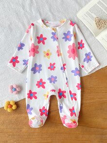SHEIN 5件組隨機1件新生女嬰連身衣套裝 白色深紫色粉紅色玫瑰紅 秋冬款 柔軟舒適薄款 精緻可愛貓頭花朵愛心星星滿版印花 休閒簡約 拉鍊長袖連腳連身衣居家穿著 - 彩色 - 查看 8