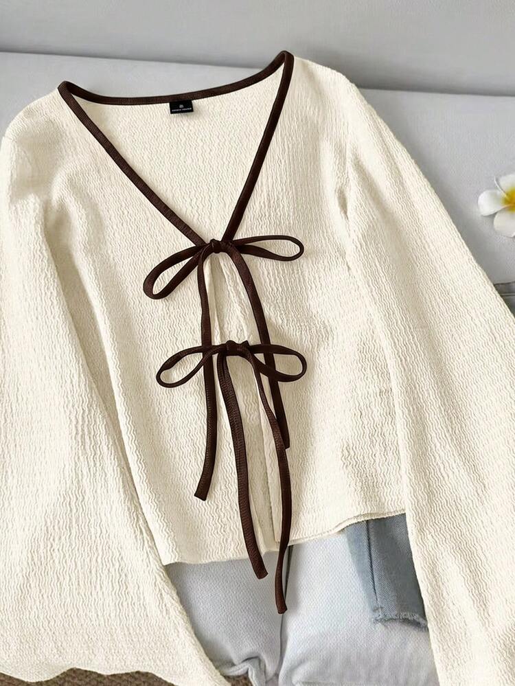 SHEIN LUNE Casual French Cute Women's Lace-Up Contrast Trim Knit Top Vacation Brown And Cream Summer Autumn Outfit Tea Party Date Night Tops Going Out - Multicolor - View 5