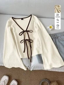SHEIN LUNE 休閒法式可愛女款綁帶對比飾邊針織上衣 度假風 棕色與米白色 夏秋穿搭 茶會約會之夜 外出穿搭上衣 - 彩色 - 查看 1