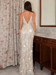Glamine Split Thigh Sequin Cami Dress For Holiday Party Clothes Maxi Women Outfit - Apricot - View 2