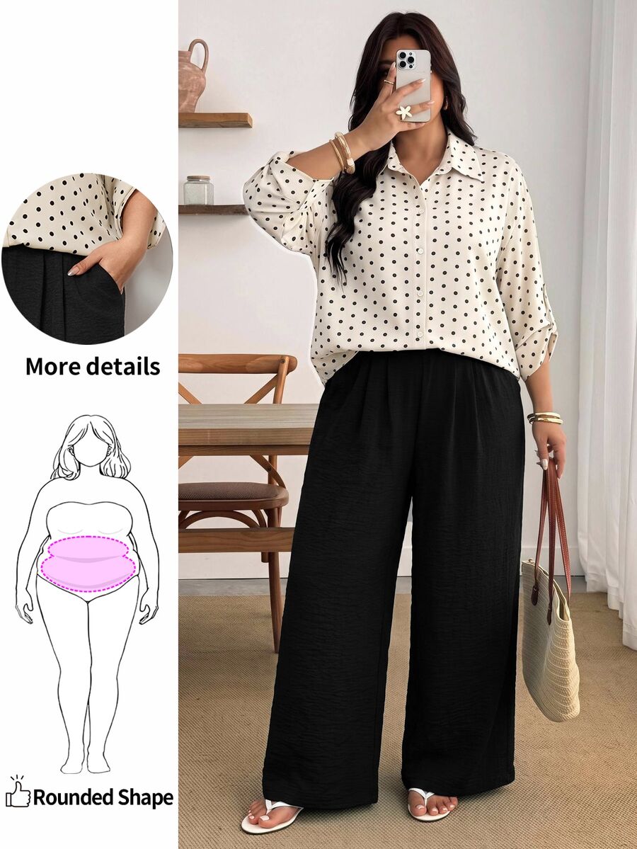Enliva Plus Size Women's Polka Dot Shirt And Black Trousers Two Pieces SetApple,Rounded Body Fall Piece Set Woman Winter Fall - Multicolor - View 1
