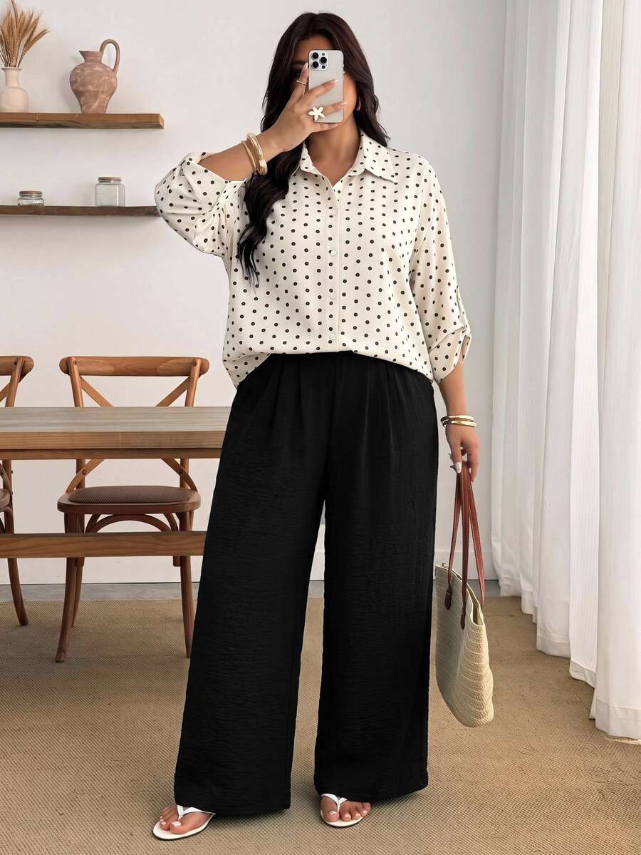Enliva Plus Size Women's Polka Dot Shirt And Black Trousers Two Pieces SetApple,Rounded Body Fall Piece Set Woman Winter Fall - Multicolor - View 1