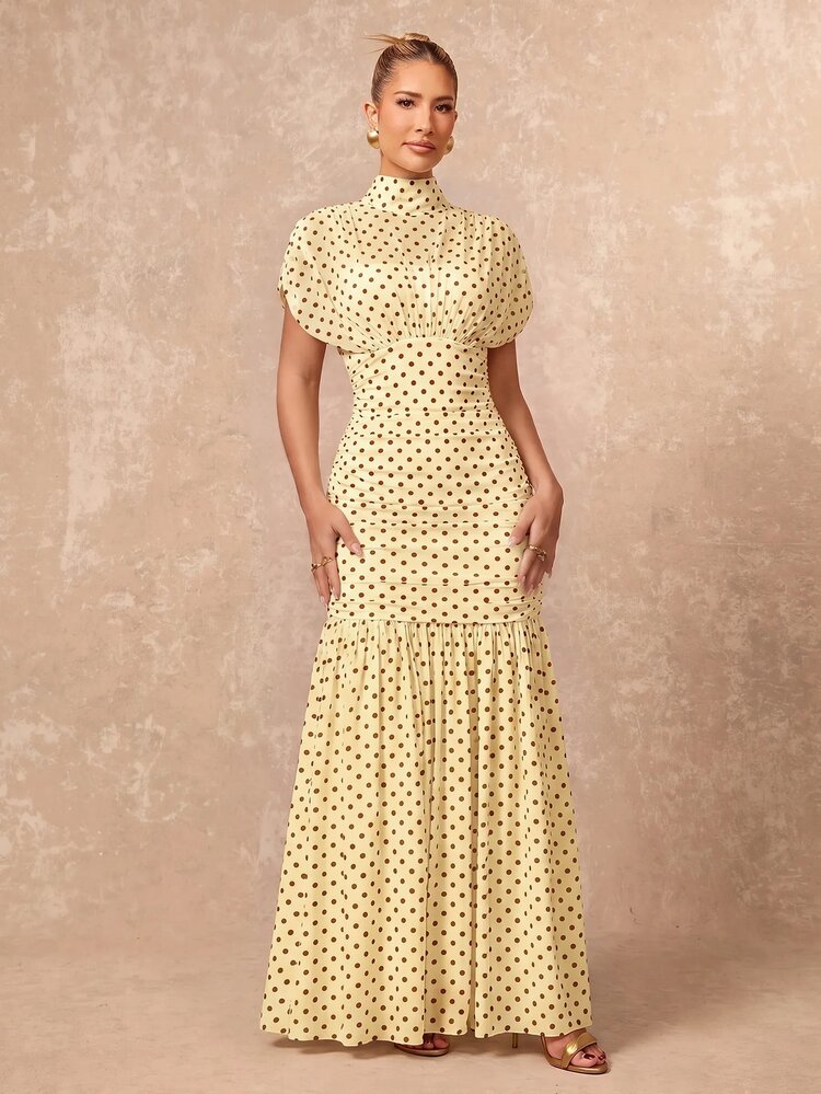 Lumalex Polka Dot Soft Flowy Mesh High Neck Ruched Waist Bodycon Dress For Women - Light Yellow - View 8