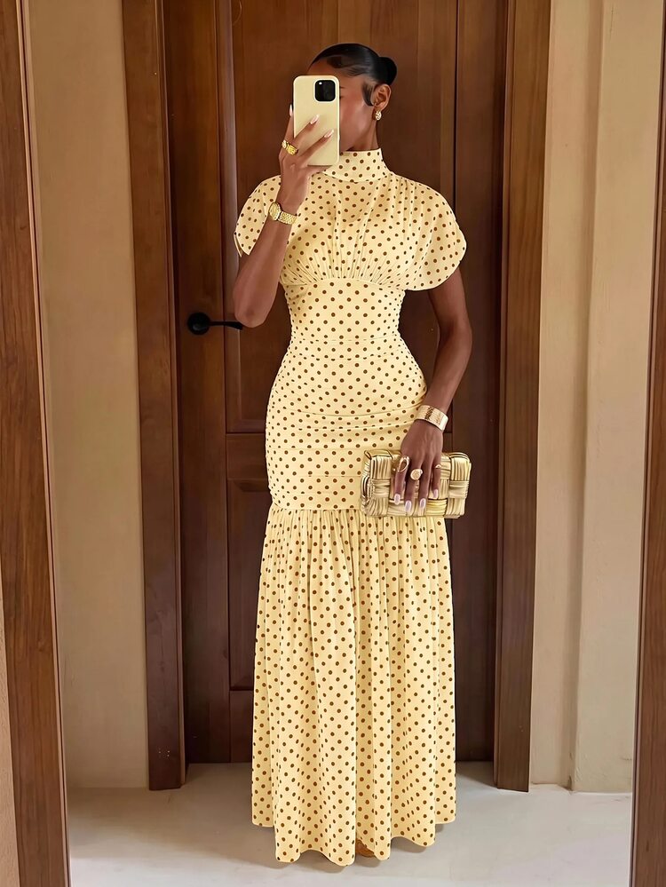 Lumalex Polka Dot Soft Flowy Mesh High Neck Ruched Waist Bodycon Dress For Women - Light Yellow - View 3