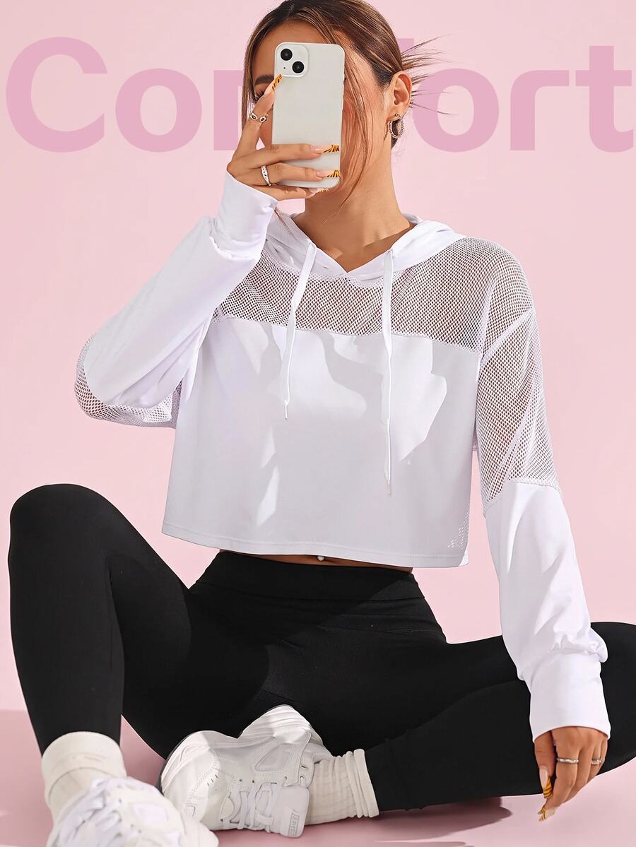 Sovereign Charm Women's Solid Color Mesh Contrast Drawstring Hooded Cropped Casual Sweatshirt Fall Sweatshirts