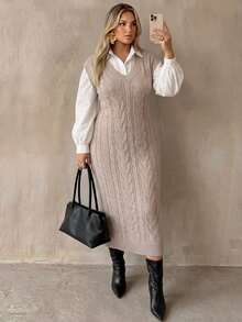 Auralis Women's V-Neck Sleeveless Knee-Length Tank Dress, Loose Knit Long Dress For Autumn/Winter Fall - Apricot - View 2