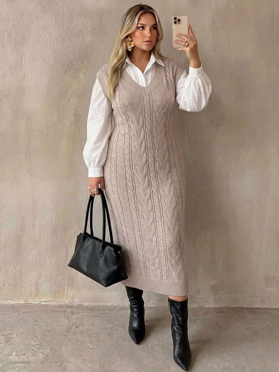 Auralis Women's V-Neck Sleeveless Knee-Length Tank Dress, Loose Knit Long Dress For Autumn/Winter Fall