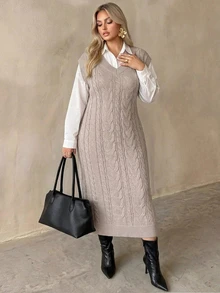 Auralis Women's V-Neck Sleeveless Knee-Length Tank Dress, Loose Knit Long Dress For Autumn/Winter Fall - Apricot - View 3
