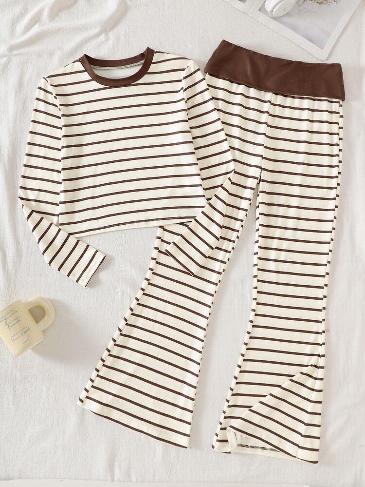 SHEIN Sparklyn Tween Girls Brown Striped Fitted Long Sleeve Top And High-Waist Pants 2 Pieces Set, Casual Versatile, Comfortable Autumn Outfit - Brown - View 4