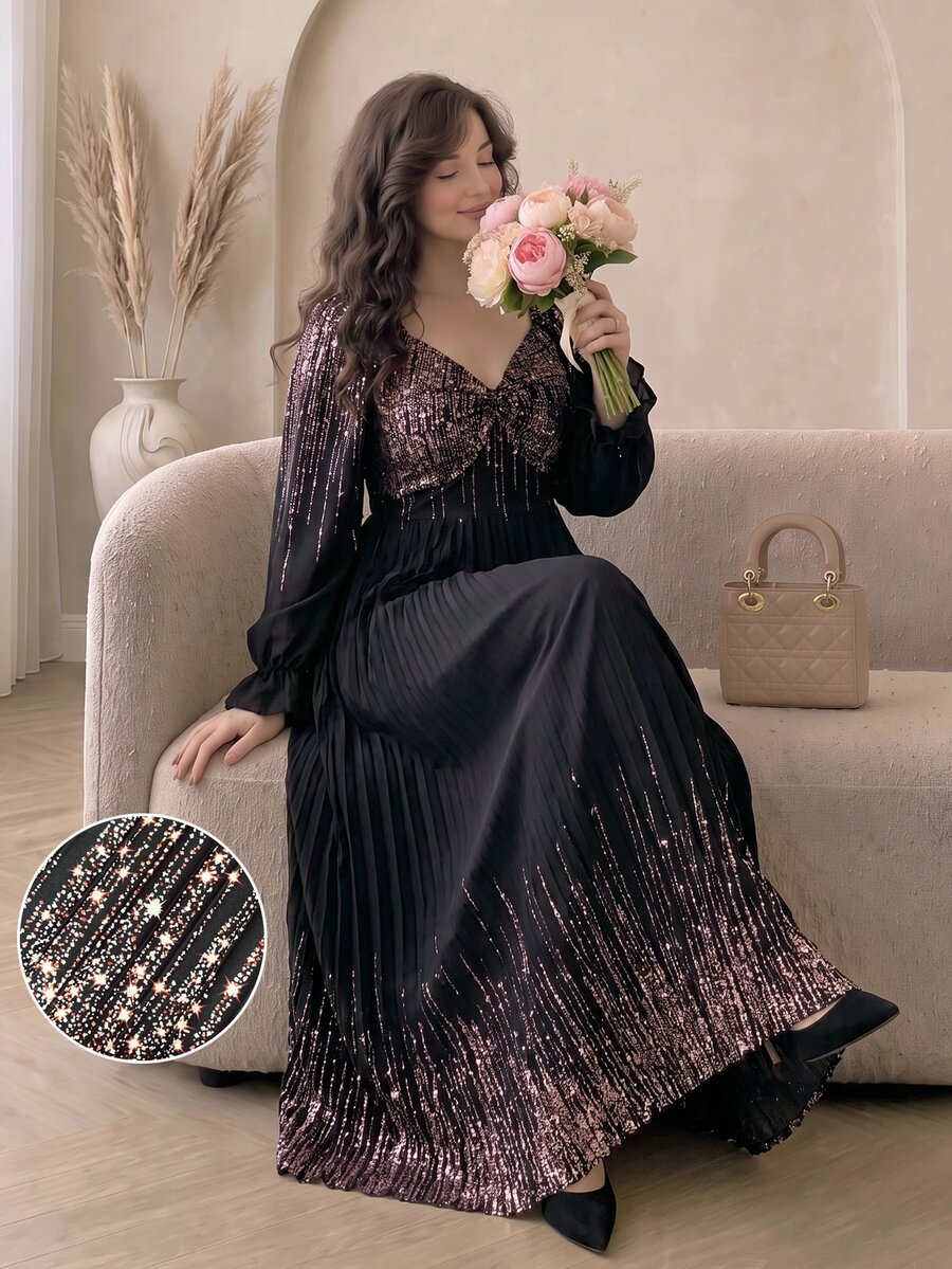 Modelyn Gaun Lengan Panjang Bermotif Elegan untuk Wanita Ukuran Plus dengan Pinggang Ramping, Bagian Dada Berpilin, dan Hem Berlipit, Cocok untuk Pakaian Sehari-hari dan Kencan di Musim Semi dan Gugur - MultiWarna - View 1