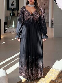 Modelyn Gaun Lengan Panjang Bermotif Elegan untuk Wanita Ukuran Plus dengan Pinggang Ramping, Bagian Dada Berpilin, dan Hem Berlipit, Cocok untuk Pakaian Sehari-hari dan Kencan di Musim Semi dan Gugur - MultiWarna - View 5