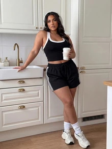 Gameset SHEIN Sport Women's Plus Size Striped Colorblock Drawstring Waist Sports Shorts - Black - View 6