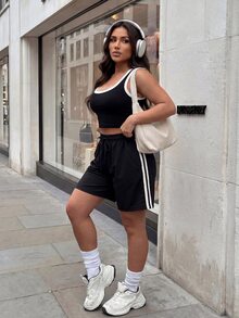 Gameset SHEIN Sport Women's Plus Size Striped Colorblock Drawstring Waist Sports Shorts - Black - View 8