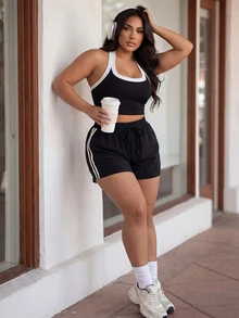 Gameset SHEIN Sport Women's Plus Size Striped Colorblock Drawstring Waist Sports Shorts - Black - View 3