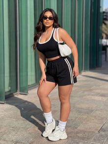 Gameset SHEIN Sport Women's Plus Size Striped Colorblock Drawstring Waist Sports Shorts - Black - View 5