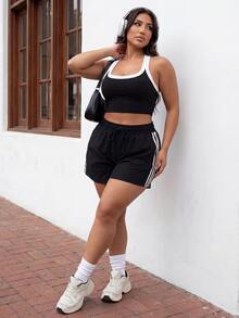 Gameset SHEIN Sport Women's Plus Size Striped Colorblock Drawstring Waist Sports Shorts - Black - View 7