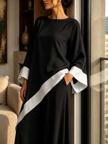 Velvienne Plus Size Women's Colorblock Patchwork Asymmetric Hem Top And Pants 2 Pieces Set - Black and White - View 3