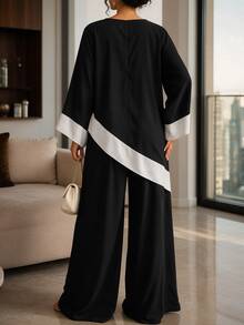 Velvienne Plus Size Women's Colorblock Patchwork Asymmetric Hem Top And Pants 2 Pieces Set - Black and White - View 2