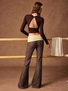 VARSIVA Women's Backless Twisted Design Long Sleeve Fitted Cropped Sports T-Shirt - Coffee Brown - View 7