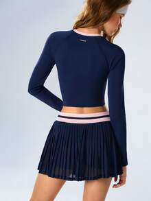 VARSIVA Women's Round Neck Long Sleeve T-Shirt And Striped Pleated Skort Sports Set - Multicolor - View 7