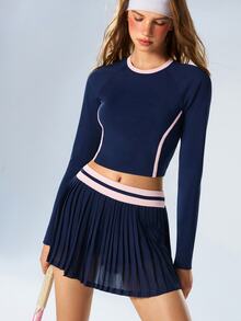 VARSIVA Women's Round Neck Long Sleeve T-Shirt And Striped Pleated Skort Sports Set - Multicolor - View 5