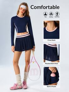 VARSIVA Women's Round Neck Long Sleeve T-Shirt And Striped Pleated Skort Sports Set - Multicolor - View 2