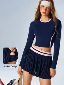 VARSIVA Women's Round Neck Long Sleeve T-Shirt And Striped Pleated Skort Sports Set - Multicolor - View 1