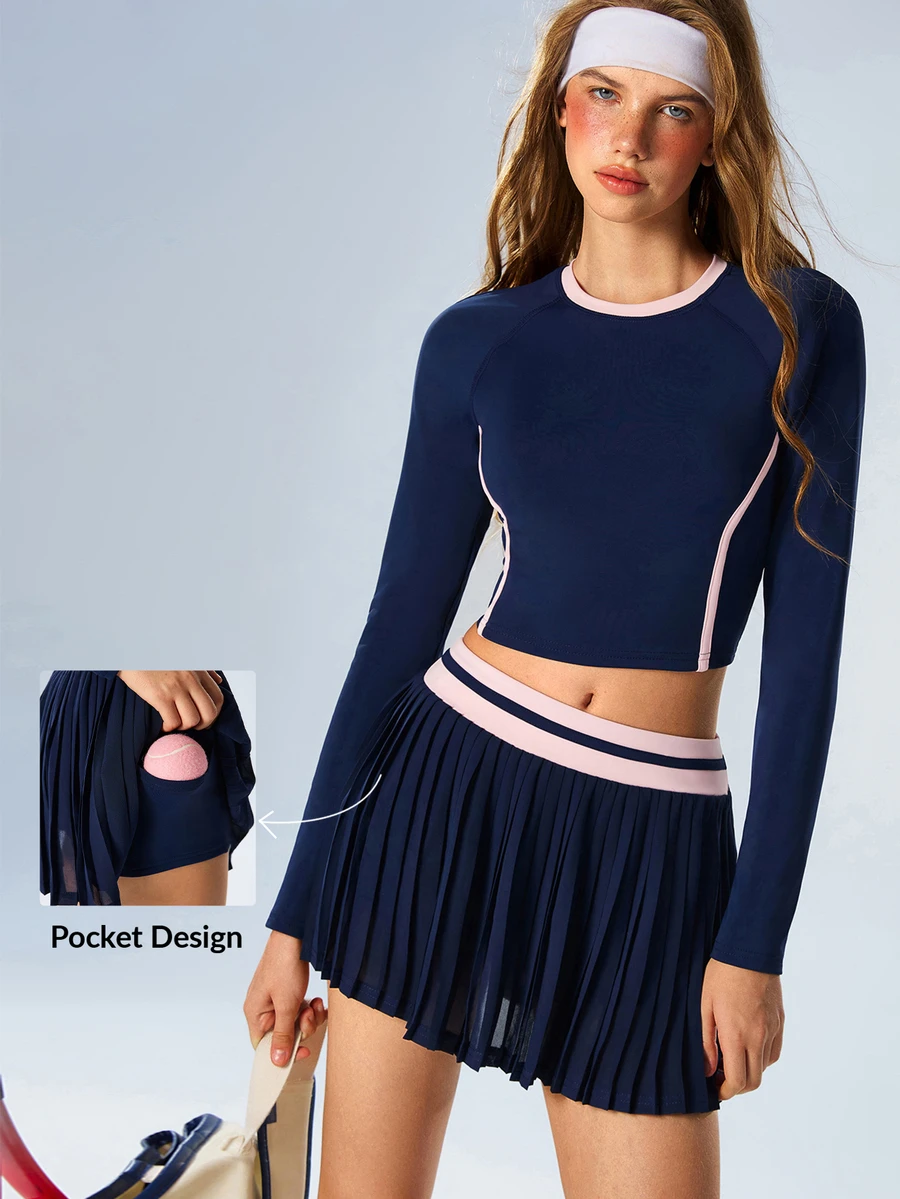 VARSIVA Women's Round Neck Long Sleeve T-Shirt And Striped Pleated Skort Sports Set - Multicolor - View 1