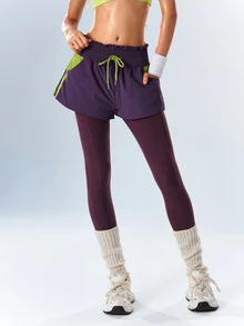 VARSIVA Women's Drawstring Waist Colorblock Casual Daily Wear Double Layer Sports Leggings - Multicolor - View 14