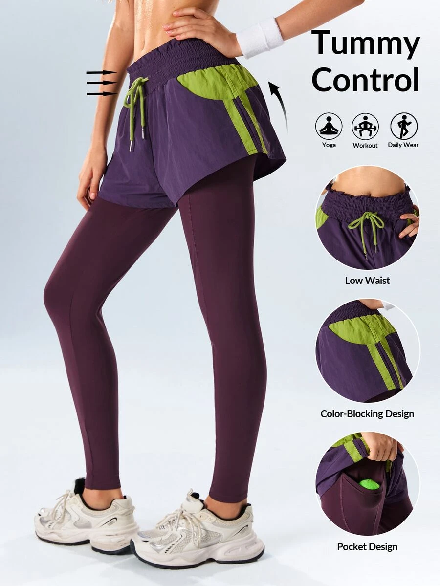 VARSIVA Women's Drawstring Waist Colorblock Casual Daily Wear Double Layer Sports Leggings - Multicolor - View 1