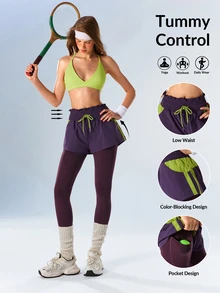 VARSIVA Women's Drawstring Waist Colorblock Casual Daily Wear Double Layer Sports Leggings - Multicolor - View 13
