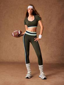 VARSIVA Women's Striped Short Sleeve Cropped T-Shirt And Leggings Sports Set - Multicolor - View 11