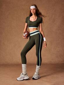 VARSIVA Women's Striped Short Sleeve Cropped T-Shirt And Leggings Sports Set - Multicolor - View 8