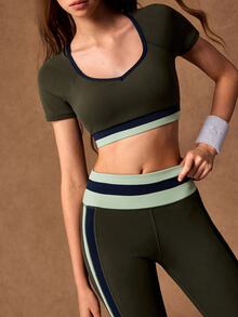 VARSIVA Women's Striped Short Sleeve Cropped T-Shirt And Leggings Sports Set - Multicolor - View 4
