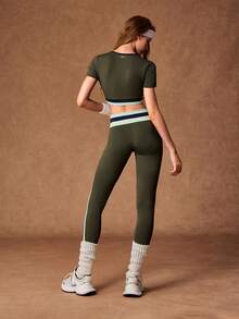 VARSIVA Women's Striped Short Sleeve Cropped T-Shirt And Leggings Sports Set - Multicolor - View 10