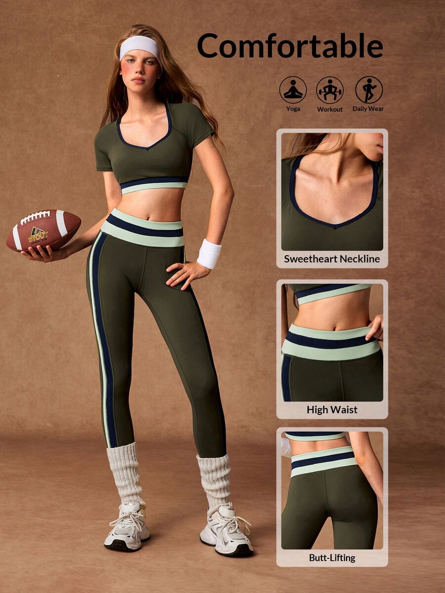 VARSIVA Women's Striped Short Sleeve Cropped T-Shirt And Leggings Sports Set - Multicolor - View 1