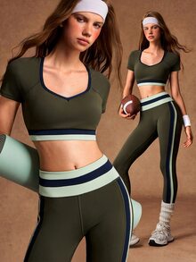 VARSIVA Women's Striped Short Sleeve Cropped T-Shirt And Leggings Sports Set - Multicolor - View 12