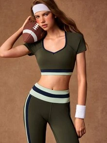 VARSIVA Women's Striped Short Sleeve Cropped T-Shirt And Leggings Sports Set - Multicolor - View 9