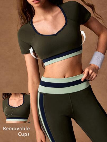 VARSIVA Women's Striped Short Sleeve Cropped T-Shirt And Leggings Sports Set