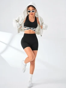 Gameset SHEIN Sport Women's Lettered Webbing Criss-Cross Design Daily Fitness Sports Bra - Black - View 5
