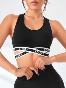 Gameset SHEIN Sport Women's Lettered Webbing Criss-Cross Design Daily Fitness Sports Bra - Black - View 3