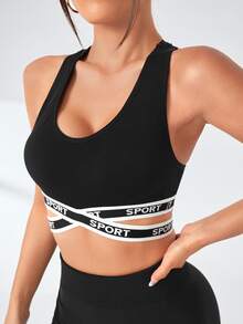 Gameset SHEIN Sport Women's Lettered Webbing Criss-Cross Design Daily Fitness Sports Bra - Black - View 9