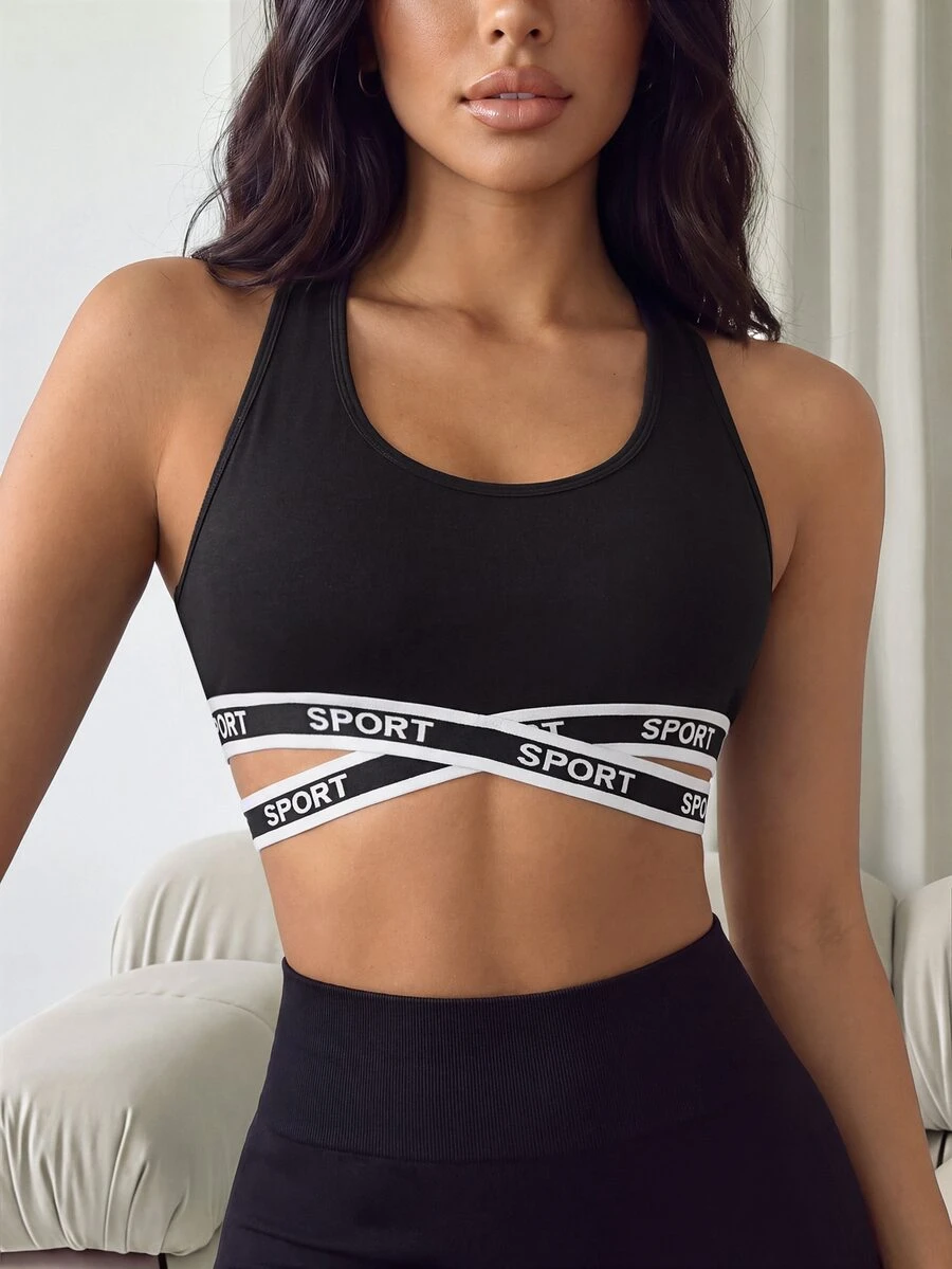Gameset SHEIN Sport Women's Lettered Webbing Criss-Cross Design Daily Fitness Sports Bra - Black - View 1