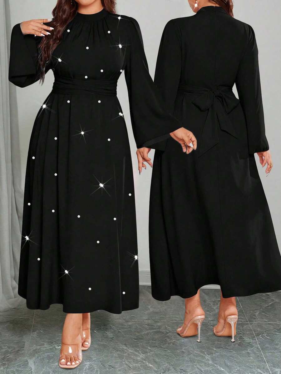 Elenzga Women's Plus Size High Waist Long Sleeve Dress Fall - Black - View 1