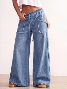Bohemela Celana Jeans Denim Wanita Ukuran Besar dengan Tali Serut di Pinggang, Saku, Kasual Tradisional, untuk Pemakaian Sehari-hari, Cocok untuk Makan Siang, Acara Formal, Liburan, Kencan, Warna Biru Muda, Musim Panas - Light Wash - View 6