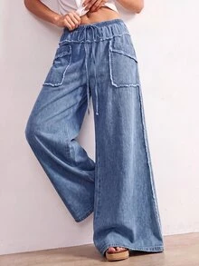 Bohemela Celana Jeans Denim Wanita Ukuran Besar dengan Tali Serut di Pinggang, Saku, Kasual Tradisional, untuk Pemakaian Sehari-hari, Cocok untuk Makan Siang, Acara Formal, Liburan, Kencan, Warna Biru Muda, Musim Panas - Light Wash - View 3