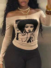 StreetHx Women's Off-Shoulder Long Sleeve Printed Top - Grey - View 6