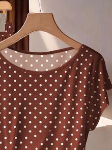 EMERY ROSE Brown Polka Dot Plus Size Women's Shirt With Tie Bow And Loose Straight Leg Pants 2 Pieces Set Black - Brown - View 3