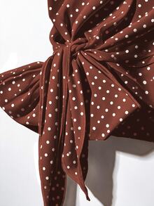 EMERY ROSE Brown Polka Dot Plus Size Women's Shirt With Tie Bow And Loose Straight Leg Pants 2 Pieces Set Black - Brown - View 5
