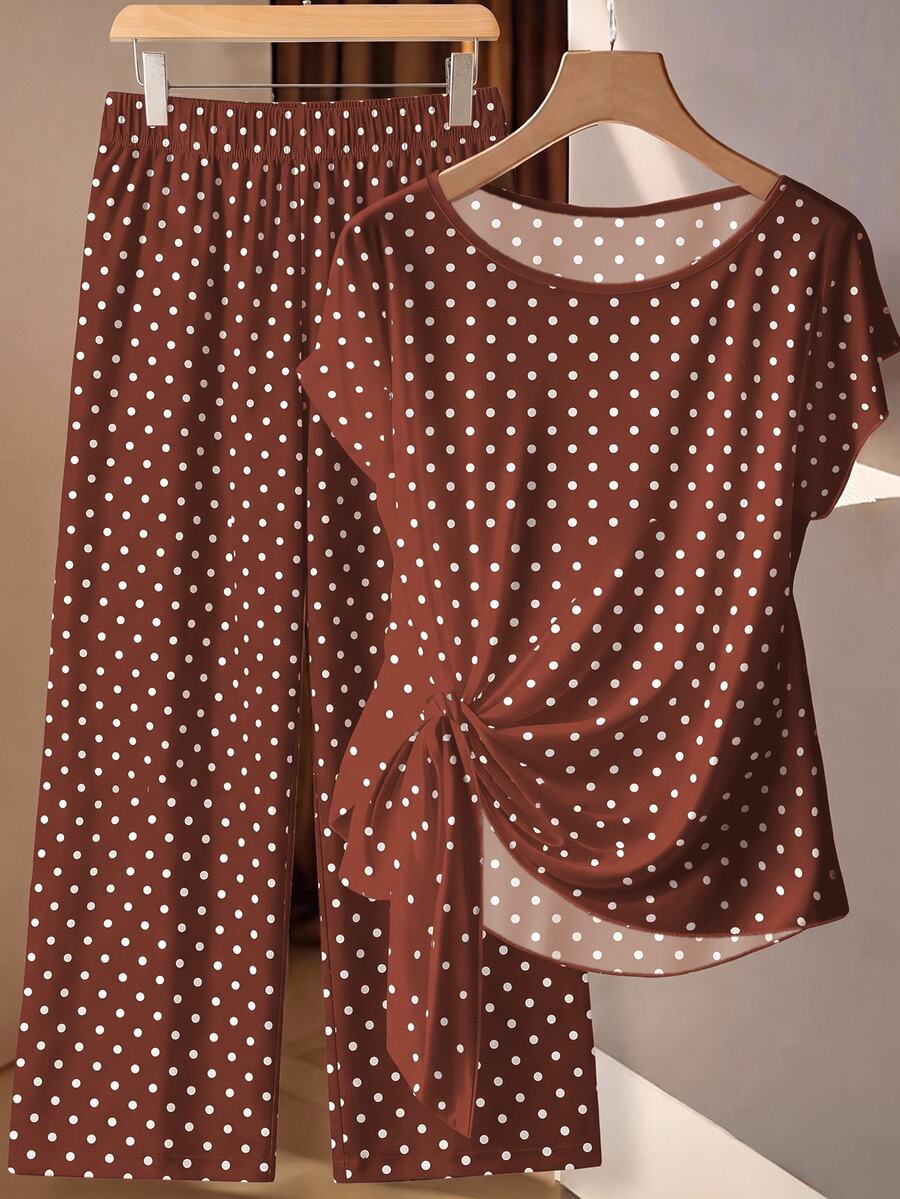 EMERY ROSE Brown Polka Dot Plus Size Women's Shirt With Tie Bow And Loose Straight Leg Pants 2 Pieces Set Black - Brown - View 1